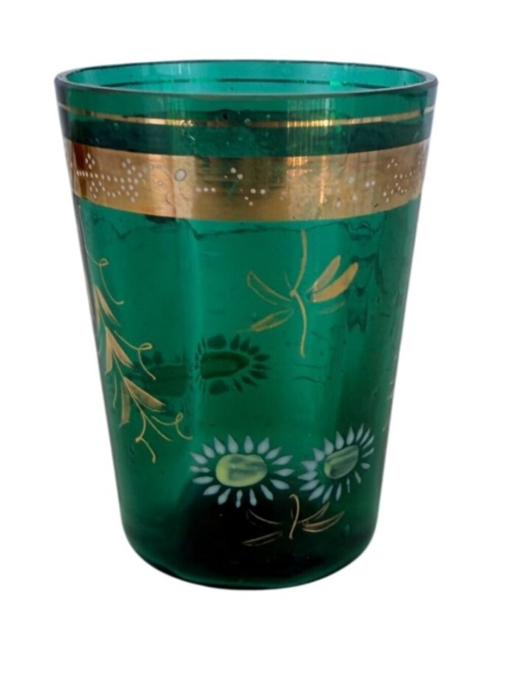 Vintage Enamel Hand‑Painted Glass Tumbler Emerald Green Gold Floral Detailing